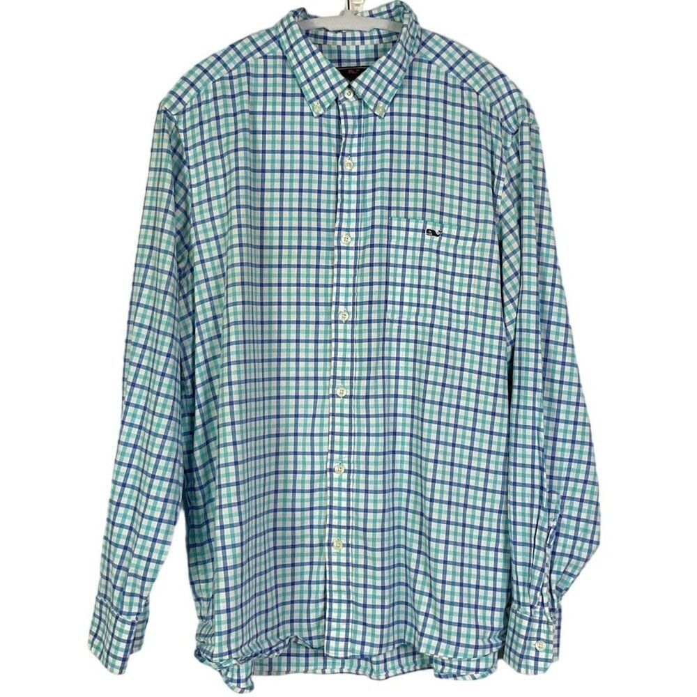 Vineyard Vines Blue & White Checkered Cotton Blend Button-Up Shirt, Mens Large